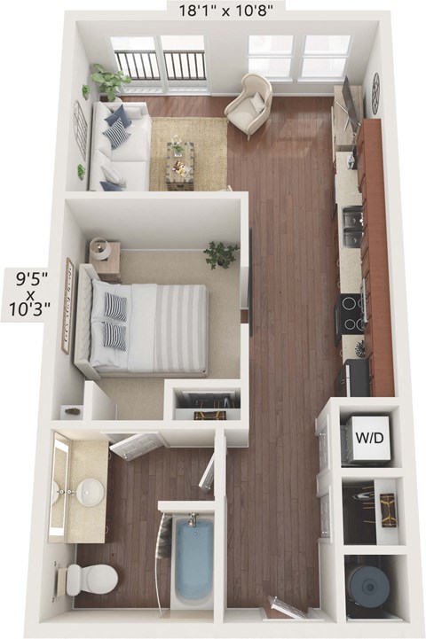 Floor plan for 1 bed, 1 bath, 596 sqft